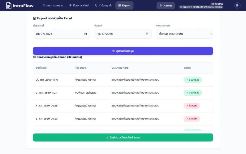 IntraFlow — หน้าส่งออกเอกสารเป็น Excel พร้อมตัวอย่างข้อมูล